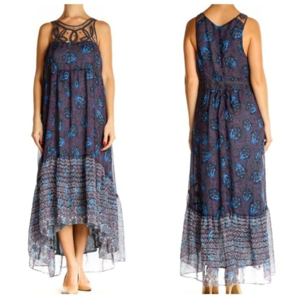 Free People Native Rose Midi Dress‎ Womens 8 Blue Boho Lace Floral High Low